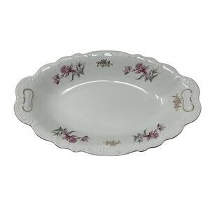 Fine Bohemian China Oval Serving Bowl 13" Long Pink Lily Gold Czechoslovakia Vtg
